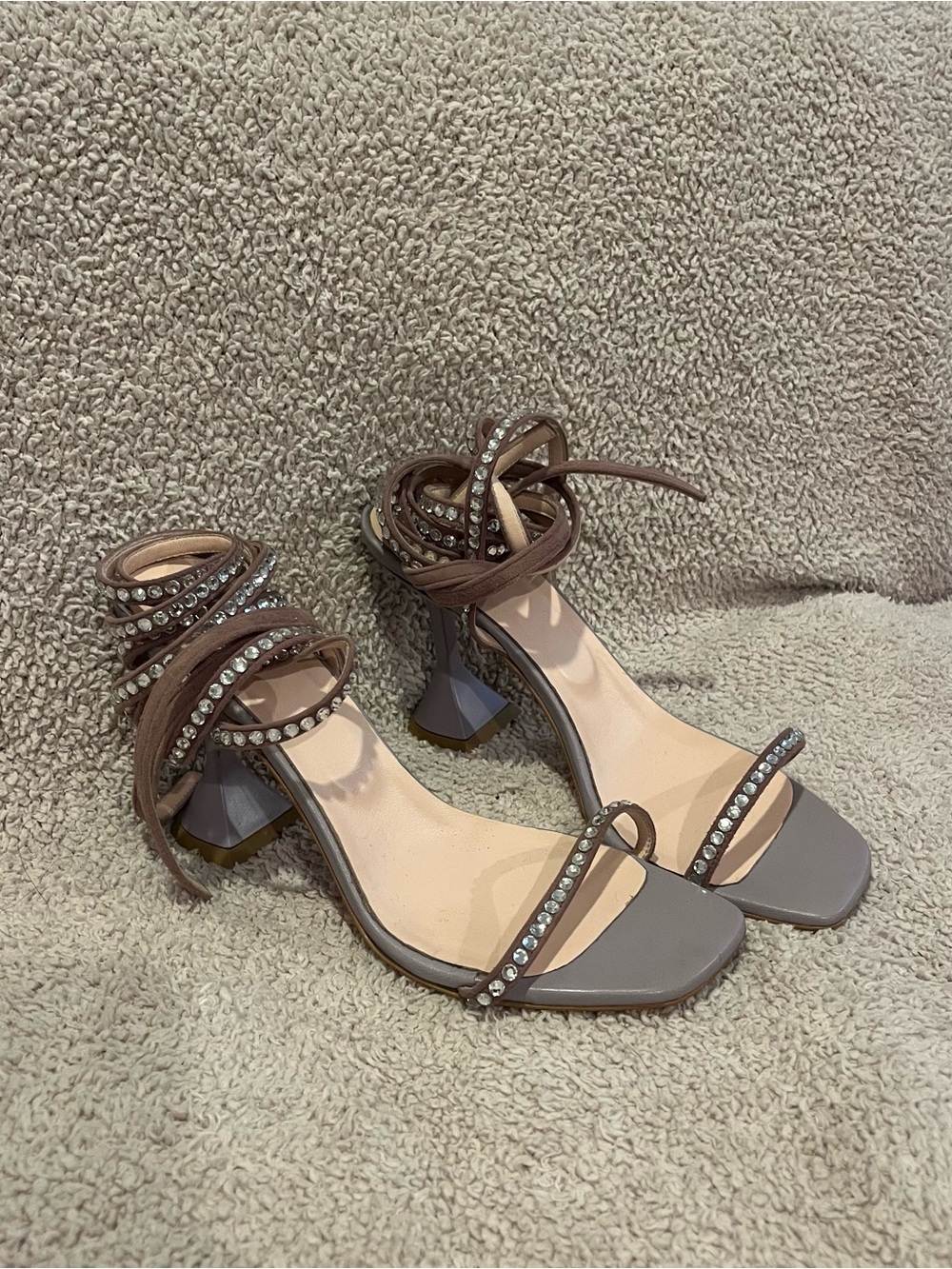 Crystal Rhinestone Embellished Lavender Strappy Heel Sandals
